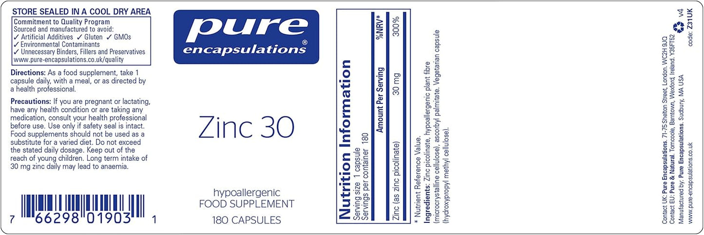 Pure Encapsulations - Zinc 30 - Zinc Picolinate 30mg - Highly Absorbable Hypoallergenic Immune System Supplement - 60, 180 Capsules