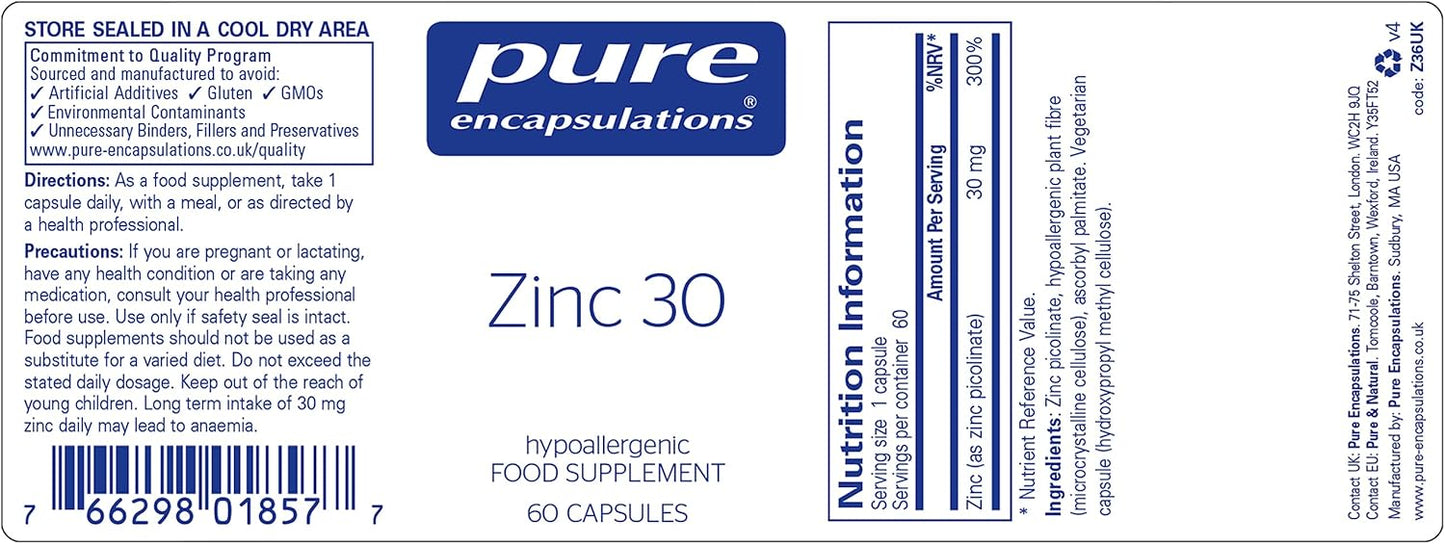 Pure Encapsulations - Zinc 30 - Zinc Picolinate 30mg - Highly Absorbable Hypoallergenic Immune System Supplement - 60, 180 Capsules