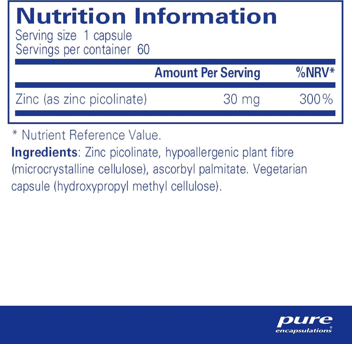 Pure Encapsulations - Zinc 30 - Zinc Picolinate 30mg - Highly Absorbable Hypoallergenic Immune System Supplement - 60, 180 Capsules